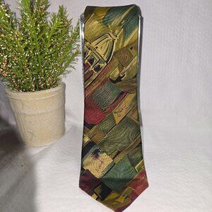 VINTAGE HARVE BENARD PURE SILK TIE ABSTRACT DESIGN GREENS GOLDS CRIMSON NWT